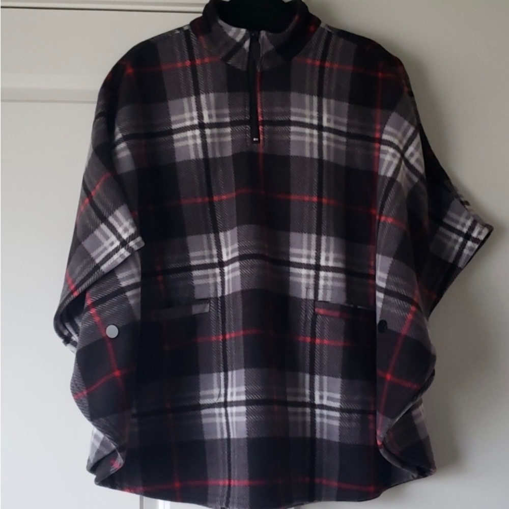 Martha Stewart plaid Poncho in Black, Red, and Gray